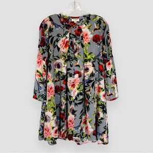 Umgee Swing 3/4 Sleeve Mini Dress Tunic Size Small Gray Floral Birds Casual